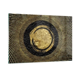 Cuadro sobre vidrio - Impresiones sobre Vidrio - Círculo dorado con rayos sobre fondo negro en un estilo glamoroso. - 120x80cm - Composición glamour - Decoración de pared moderna para salón y dormitorio ARTTOR