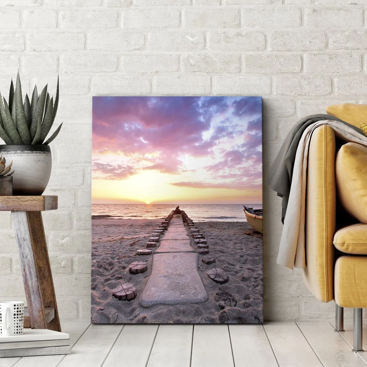 Cuadro sobre lienzo - Impresión de Imagen - Playa al amanecer con barco y muelle - 50x70cm - Un momento de profunda experiencia - Decoración de pared moderna para salón y dormitorio ARTTOR