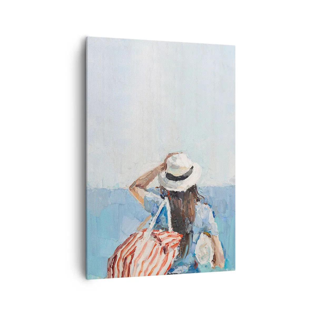 Cuadro sobre lienzo - Impresión de Imagen - Una mujer con sombrero frente al mar azul. - 70x100cm - Bienvenida a tus vacaciones - Decoración de pared moderna para salón y dormitorio ARTTOR