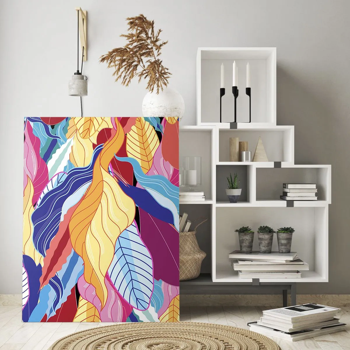 Cuadro sobre vidrio - Impresiones sobre Vidrio - Las hojas de colores vibrantes crean una composición dinámica. - 70x100cm - Desorden colorido - Decoración de pared moderna para salón y dormitorio ARTTOR