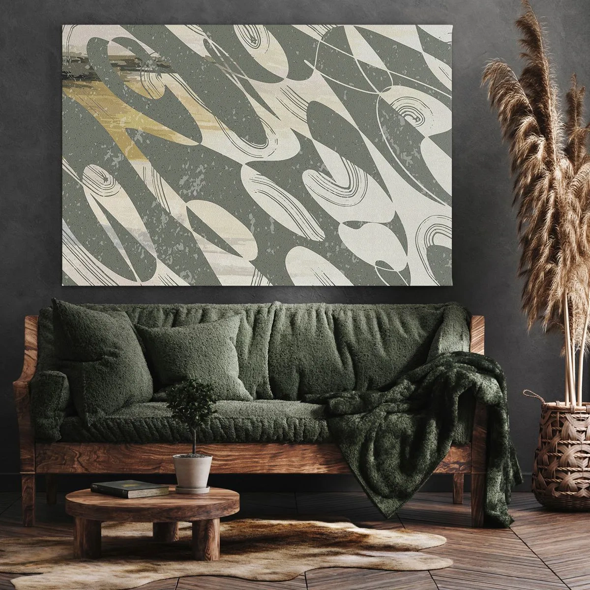 Cuadro sobre lienzo - Impresión de Imagen - Formas dinámicas en tonos verdes y dorados. - 70x50cm - Abstracción rítmica - Decoración de pared moderna para salón y dormitorio ARTTOR