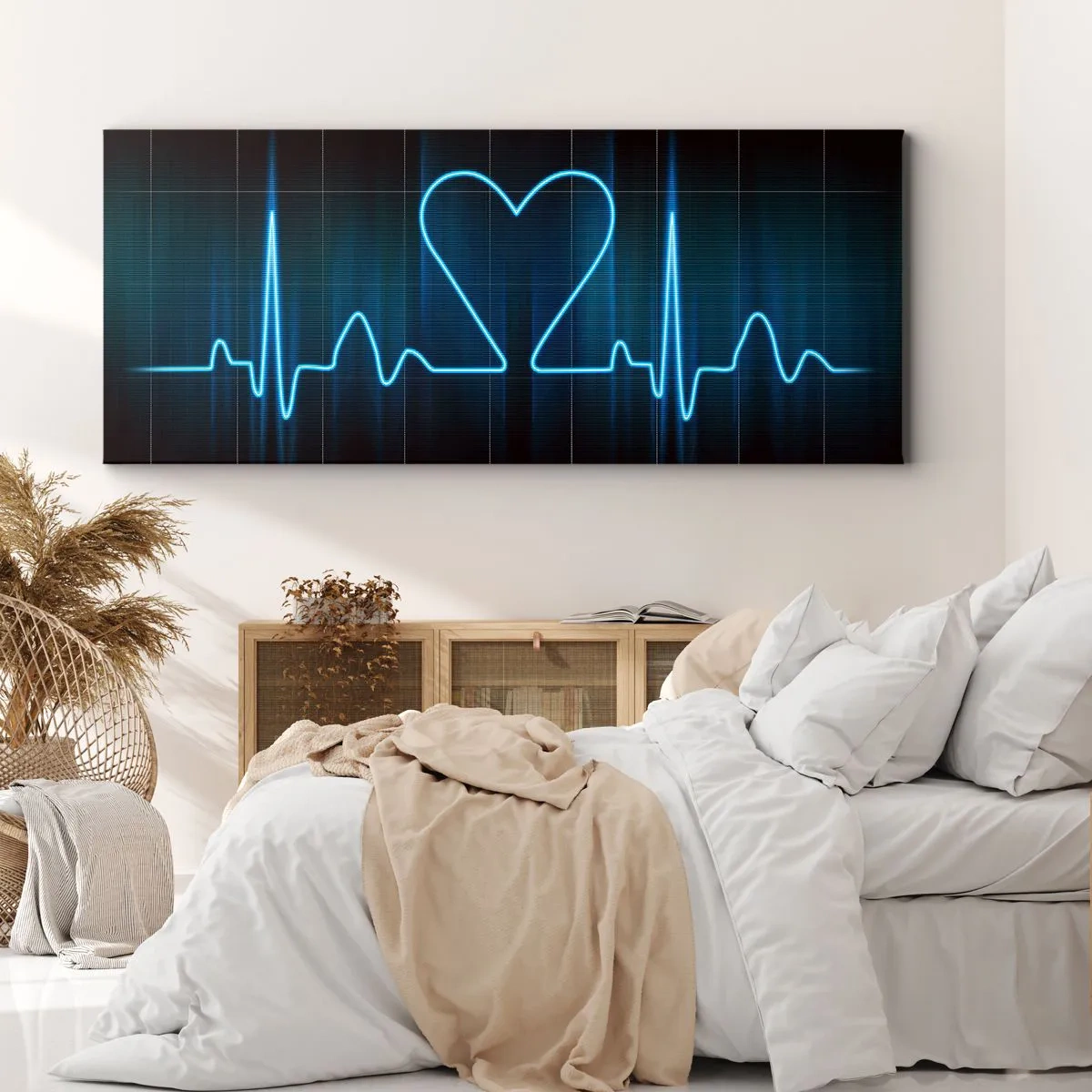 Cuadro sobre lienzo - Impresión de Imagen - Una línea salvavidas con un corazón sobre un fondo de monitoreo médico en tonos azules. - 140x50cm - El ritmo del corazón - Decoración de pared moderna para salón y dormitorio ARTTOR