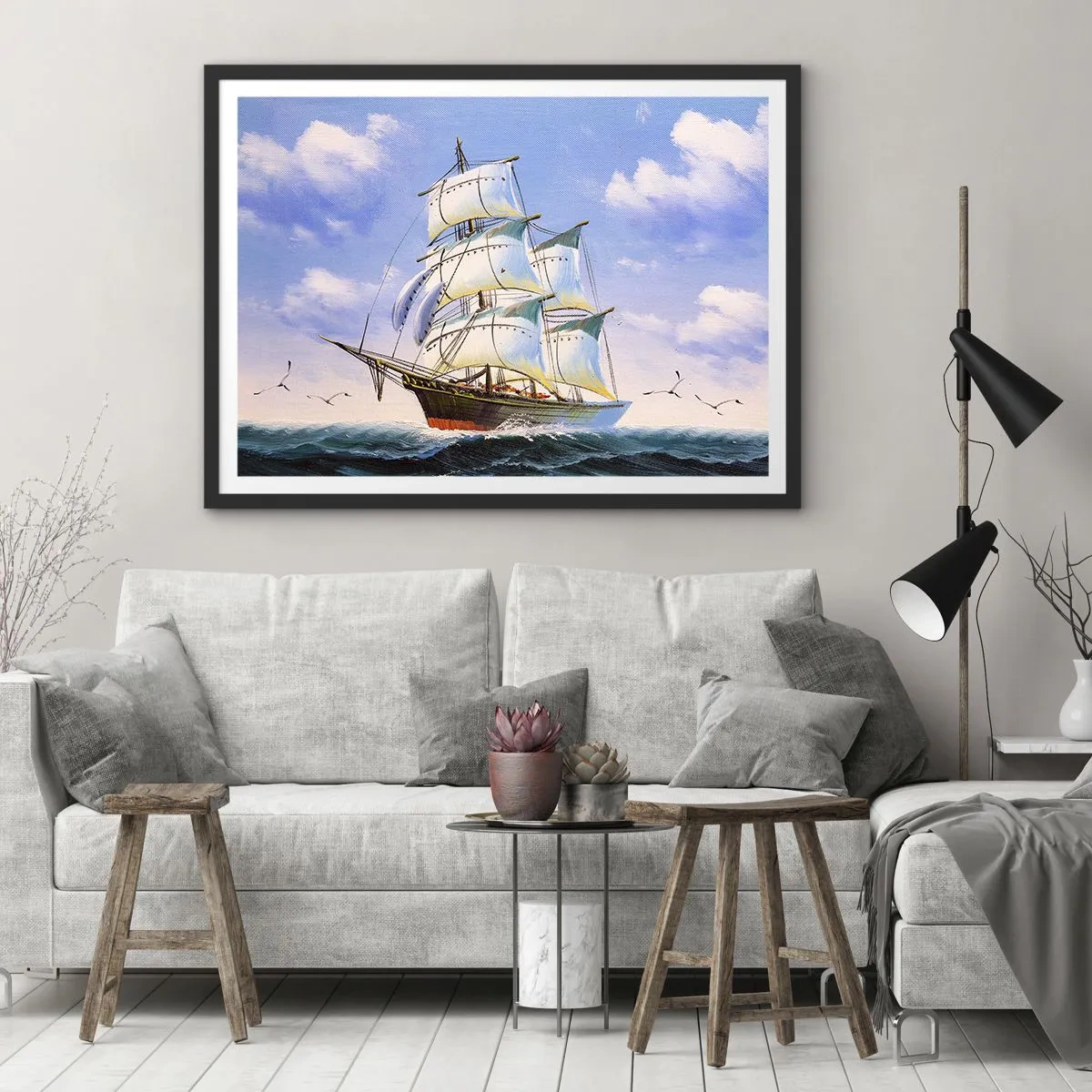 Póster en marco negro - Un velero en mar abierto bajo un cielo azul. - 100x70cm - Orgulloso con el viento - Decoración de pared moderna para salón y dormitorio ARTTOR