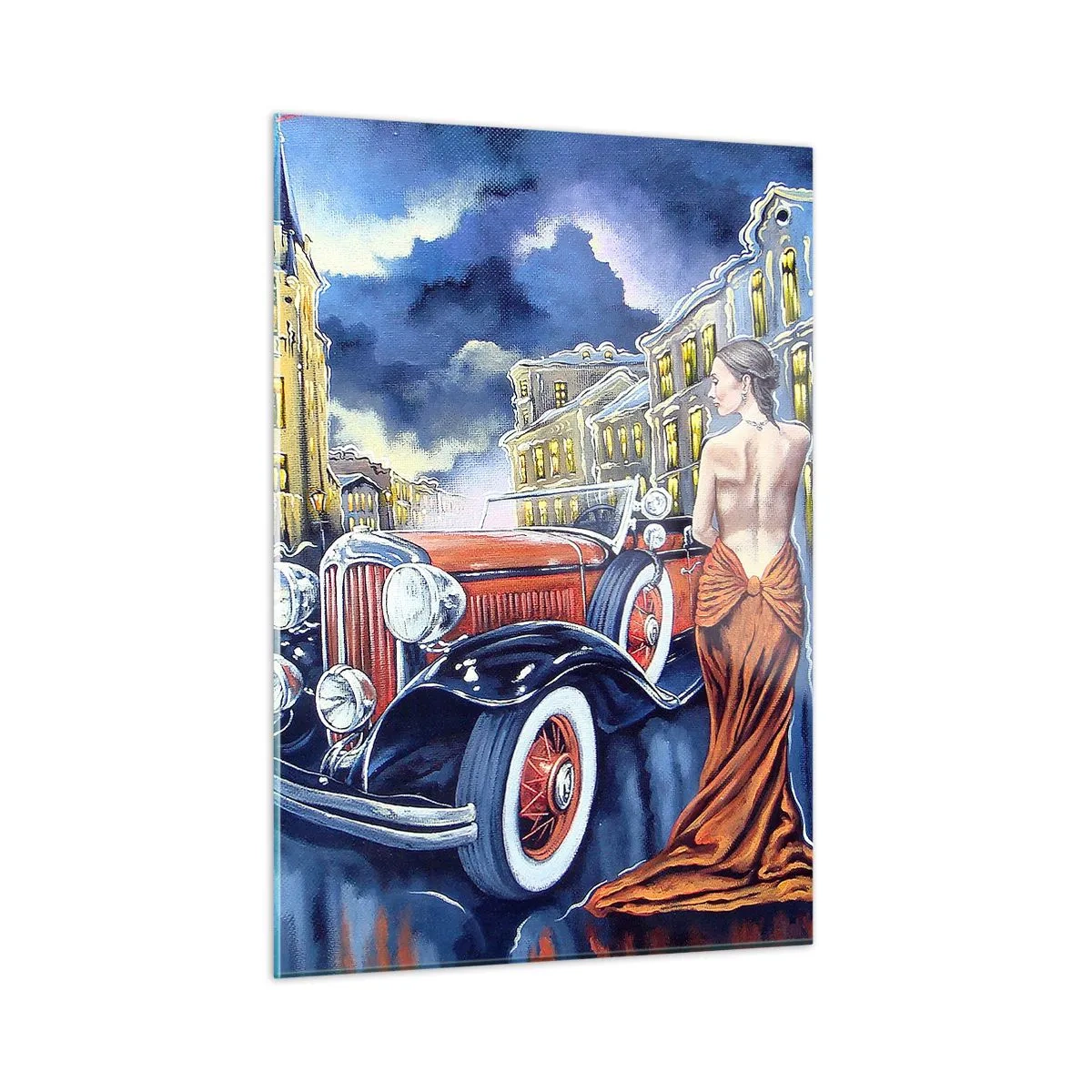 Cuadro sobre vidrio - Impresiones sobre Vidrio - Una mujer con un vestido elegante junto a un coche clásico. - 50x70cm - Noche de romanticismo - Decoración de pared moderna para salón y dormitorio ARTTOR