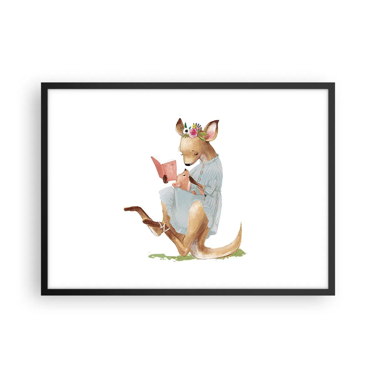 Póster en marco negro - Kanga leyendo un libro con un bebé - 70x50cm - Léeme un cuento, mamá - Decoración de pared moderna para salón y dormitorio ARTTOR