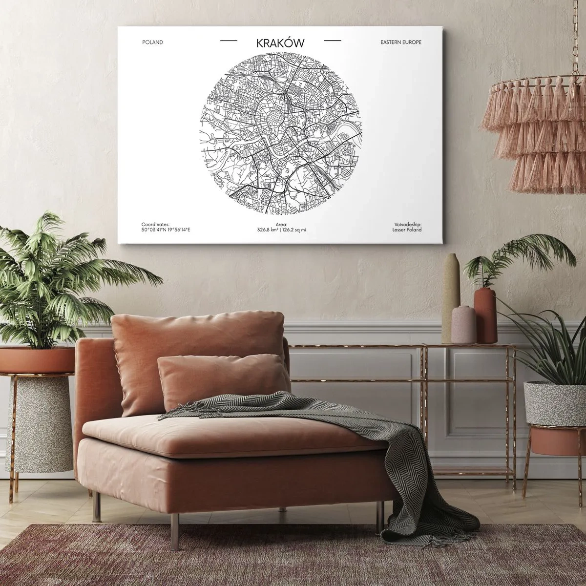 Cuadro sobre lienzo - Impresión de Imagen - Un mapa de Cracovia en estilo minimalista - 70x50cm - Anatomía de Cracovia - Decoración de pared moderna para salón y dormitorio ARTTOR