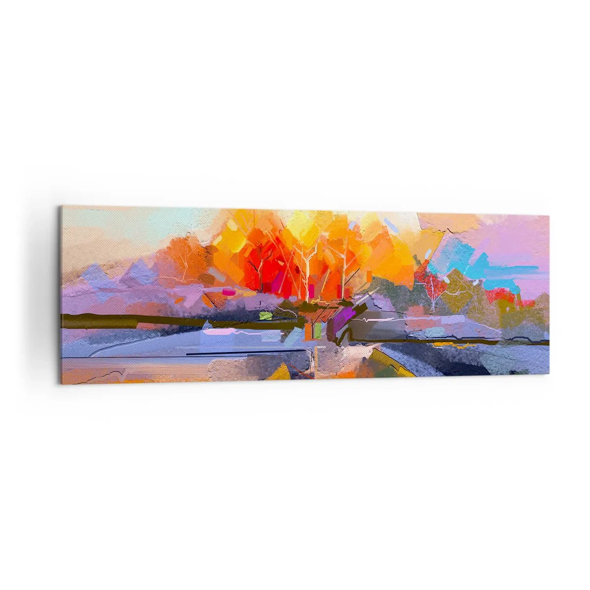 Cuadro sobre lienzo - Impresión de Imagen - Un paisaje abstracto con intensos colores otoñales. - 160x50cm - Llegó el otoño - Decoración de pared moderna para salón y dormitorio ARTTOR