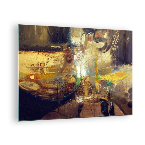 Cuadro sobre vidrio - Impresiones sobre Vidrio - Composición abstracta en tonos dorados y marrones. - 70x50cm - Frío, templado, caliente - Decoración de pared moderna para salón y dormitorio ARTTOR