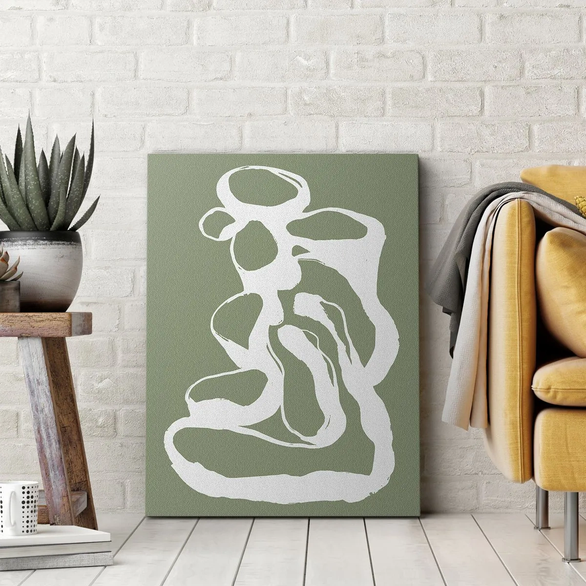 Cuadro sobre lienzo - Impresión de Imagen - Formas orgánicas en blanco sobre fondo verde. - 50x70cm - La llamada del espacio - Decoración de pared moderna para salón y dormitorio ARTTOR