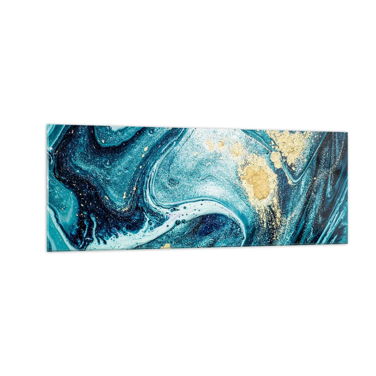 Cuadro sobre vidrio - Impresiones sobre Vidrio - Una composición abstracta de ondas y acentos dorados. - 140x50cm - Vórtice azul - Decoración de pared moderna para salón y dormitorio ARTTOR