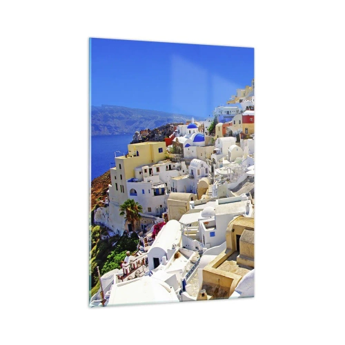Cuadro sobre vidrio - Impresiones sobre Vidrio - Panorama de Santorini con casas blancas y cielo azul - 70x100cm - Sueño de un verano griego - Decoración de pared moderna para salón y dormitorio ARTTOR