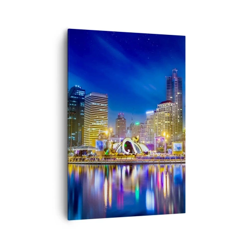 Cuadro sobre lienzo - Impresión de Imagen - Panorama nocturno de la ciudad con luces reflejadas en el agua. - 70x100cm - La noche del arco iris de la metrópoli - Decoración de pared moderna para salón y dormitorio ARTTOR