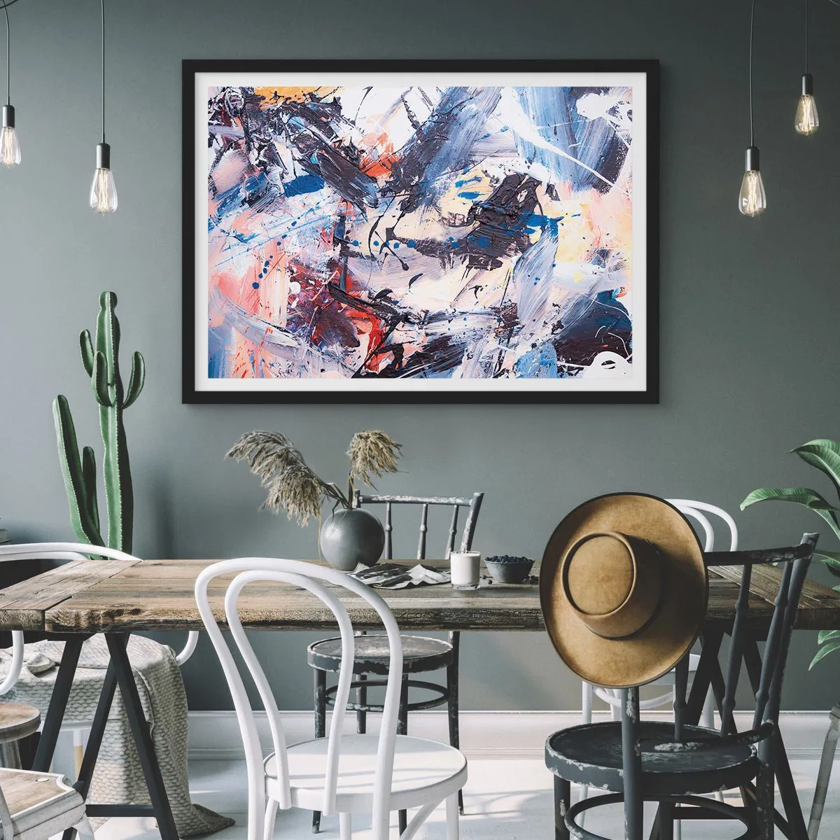 Póster en marco negro - Abstracción con pinceladas dinámicas en azul y rojo. - 70x50cm - Danza loca de la abstracción - Decoración de pared moderna para salón y dormitorio ARTTOR