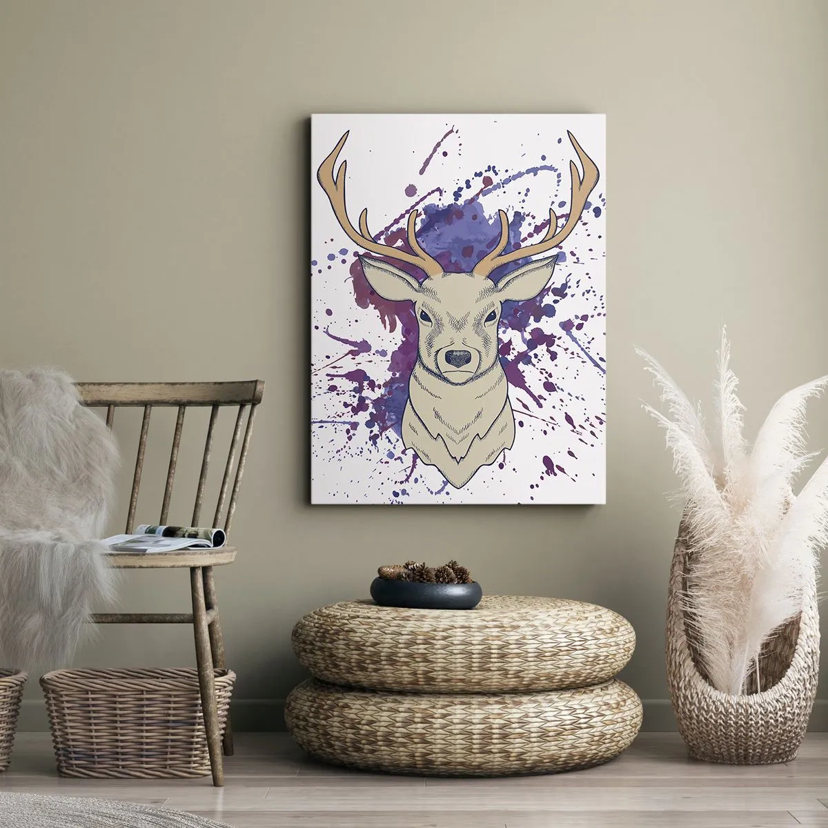 Cuadro sobre lienzo - Impresión de Imagen - Retrato de un ciervo con manchas abstractas en el fondo. - 50x70cm - Valor y equilibrio - Decoración de pared moderna para salón y dormitorio ARTTOR