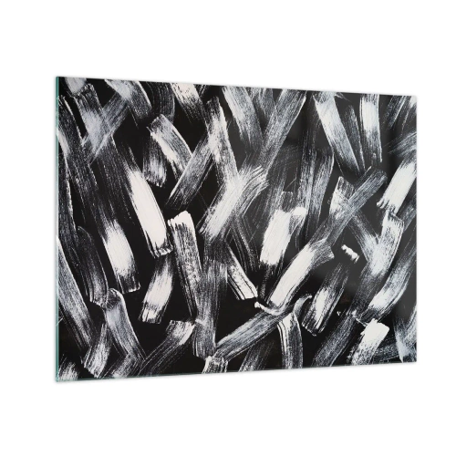 Cuadro sobre vidrio - Impresiones sobre Vidrio - Abstracción en blanco y negro de pinceladas sobre un fondo oscuro. - 70x50cm - Abstracción en el espíritu industrial - Decoración de pared moderna para salón y dormitorio ARTTOR