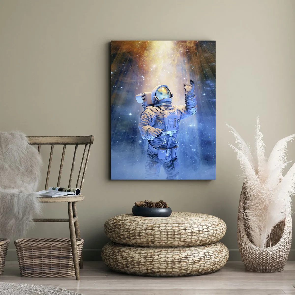 Cuadro sobre lienzo - Impresión de Imagen - Astronauta a la luz de una explosión cósmica llena de estrellas - 50x70cm - El descubrimiento - Decoración de pared moderna para salón y dormitorio ARTTOR