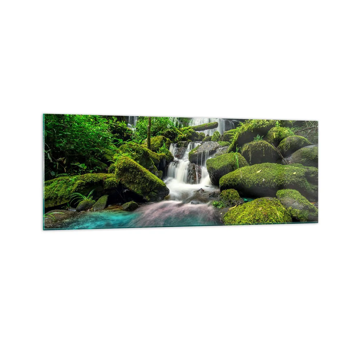 Cuadro sobre vidrio - Impresiones sobre Vidrio - Una cascada tropical rodeada de vegetación y agua turquesa. - 140x50cm - Turquesa, zafiro y plata líquida - Decoración de pared moderna para salón y dormitorio ARTTOR