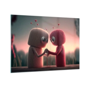 Cuadro sobre vidrio - Impresiones sobre Vidrio - Dos figuras de hilo tomadas de la mano con corazones. - 70x50cm - Todo el mundo puede amar - Decoración de pared moderna para salón y dormitorio ARTTOR