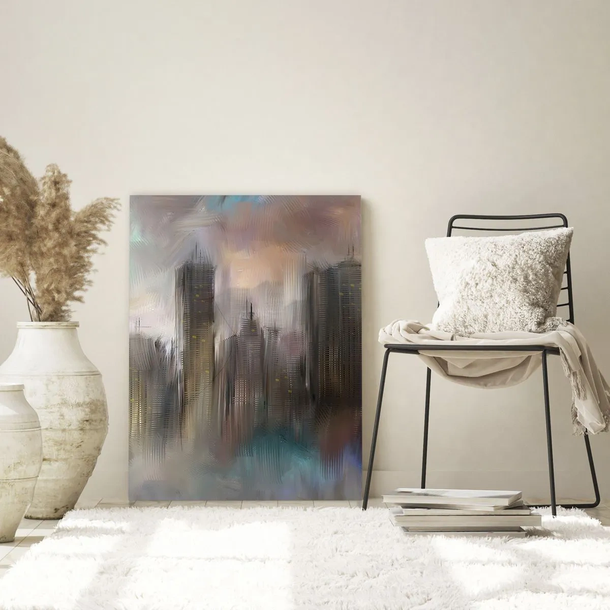 Cuadro sobre vidrio - Impresiones sobre Vidrio - Imagen abstracta de una ciudad con rascacielos. - 50x70cm - Una composición de acero, piedra y niebla - Decoración de pared moderna para salón y dormitorio ARTTOR
