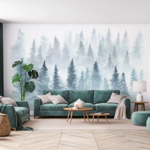 Fotomural Premium Sand - Paisaje brumoso de acuarela con un bosque de coníferas. - 100x70cm - Envuelto en la niebla - Decoración de pared moderna para salón y dormitorio ARTTOR
