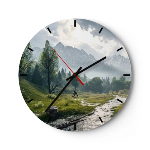 Reloj de pared - Reloj de vidrio - Paisaje de montaña con un río y árboles por la mañana. - 30x30cm - De ida y vuelta - Decoración de pared moderna para salón, cocina y dormitorio ARTTOR