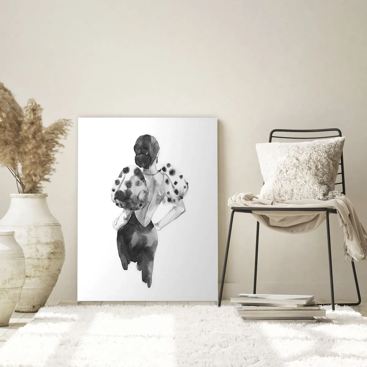 Cuadro sobre vidrio - Impresiones sobre Vidrio - Silueta en blanco y negro de una mujer con un traje elegante. - 50x70cm - Pasa justo por aquí - Decoración de pared moderna para salón y dormitorio ARTTOR