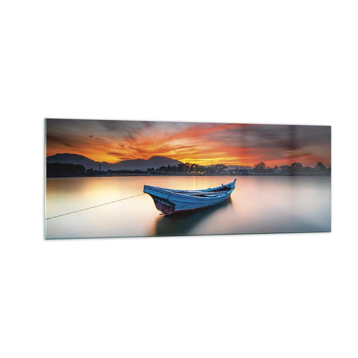 Cuadro sobre vidrio - Impresiones sobre Vidrio - Un barco en el agua durante una pintoresca puesta de sol. - 140x50cm - Se avecina una buena noche - Decoración de pared moderna para salón y dormitorio ARTTOR