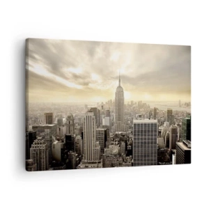 Cuadro sobre lienzo - Impresión de Imagen - Panorama de la ciudad con vista al Empire State Building - 70x50cm - Tejido neoyorquino en tonos grises - Decoración de pared moderna para salón y dormitorio ARTTOR