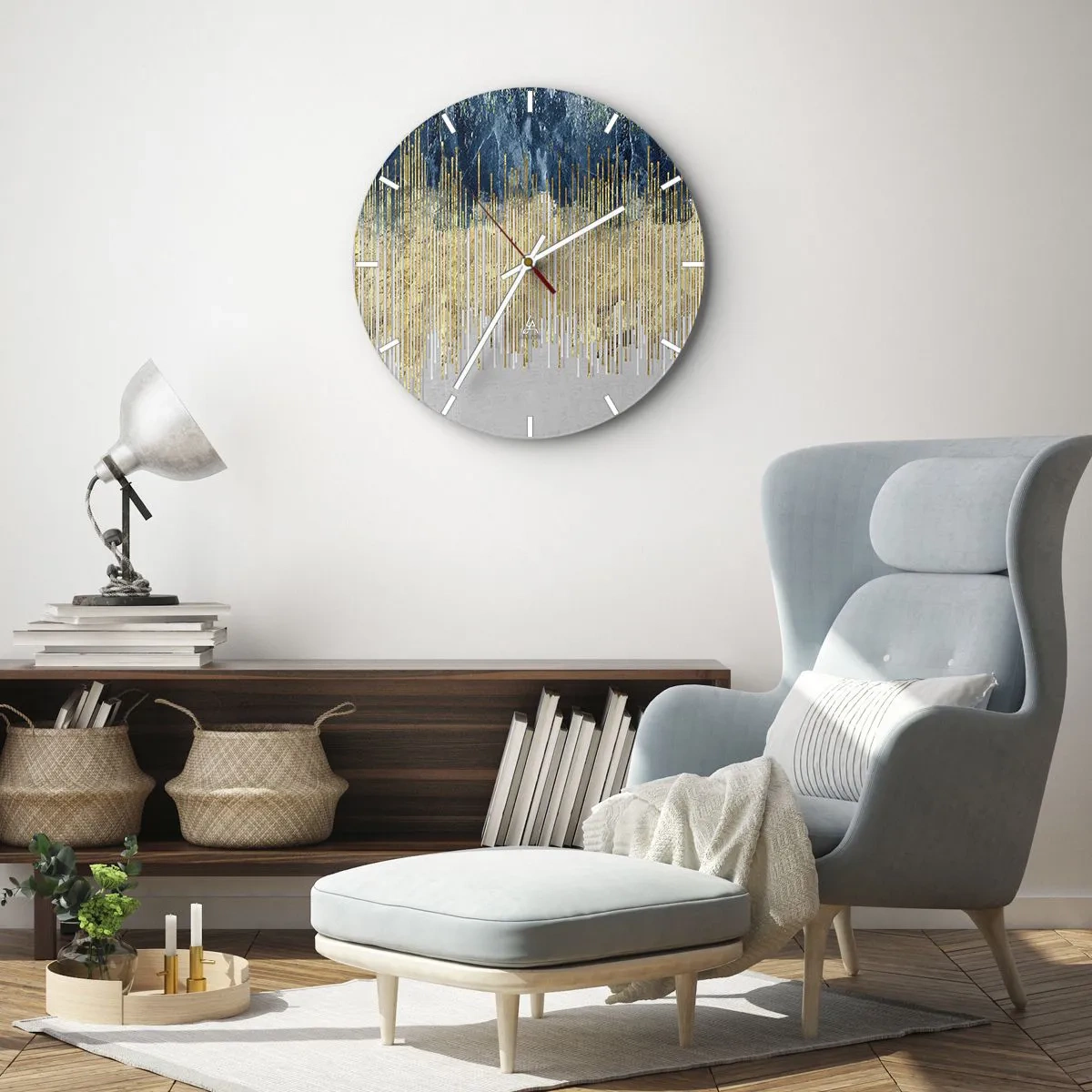 Reloj de pared - Reloj de vidrio - Frontera de líneas doradas - 40x40 cm