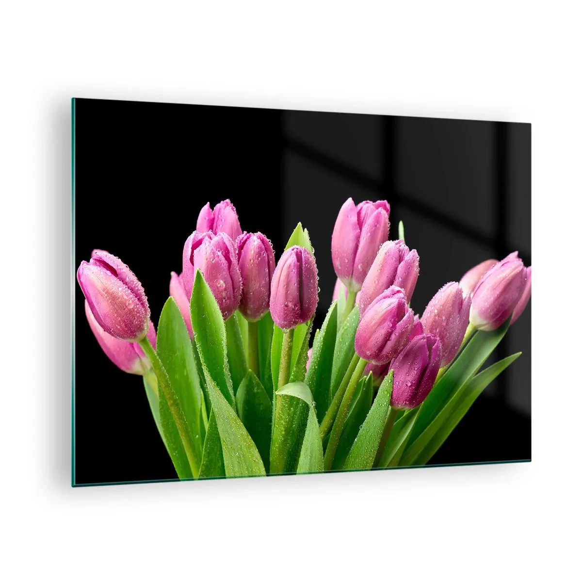 Cuadro sobre vidrio - Impresiones sobre Vidrio - Un ramo de tulipanes rosas cubiertos de gotas de agua sobre un fondo negro. - 70x50cm - La alegría de la primavera - Decoración de pared moderna para salón y dormitorio ARTTOR