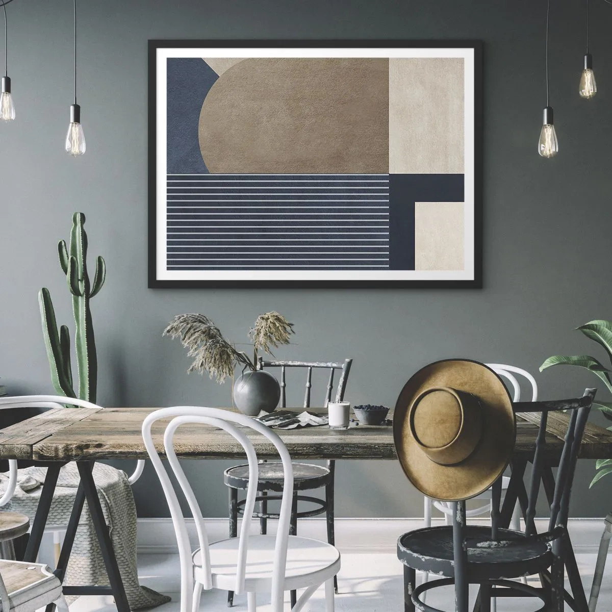 Póster en marco negro - Figuras geométricas en tonos beige y azul marino con líneas. - 100x70cm - Composición de sencillez y redondez - Decoración de pared moderna para salón y dormitorio ARTTOR