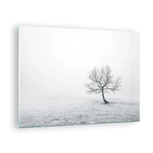 Cuadro sobre vidrio - Impresiones sobre Vidrio - Un árbol solitario contra la niebla en una composición monocromática. - 70x50cm - Contra la nada - Decoración de pared moderna para salón y dormitorio ARTTOR