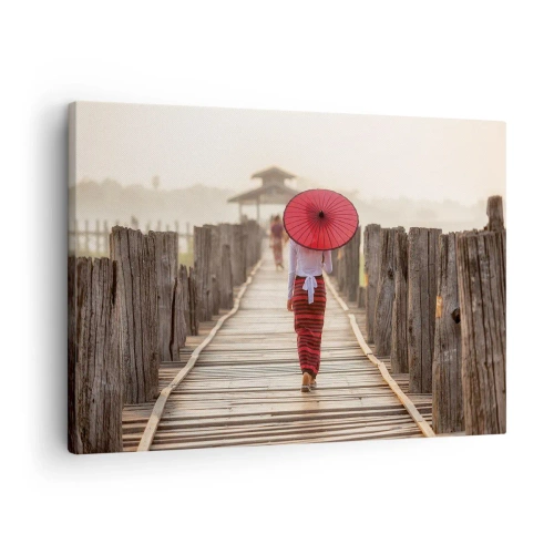 Cuadro sobre lienzo - Impresión de Imagen - Una mujer con un paraguas rojo en un puente de madera. - 70x50cm - En un viejo puente - Decoración de pared moderna para salón y dormitorio ARTTOR