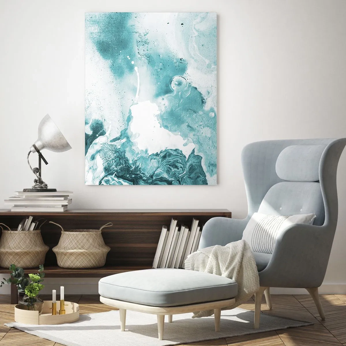 Cuadro sobre vidrio - Impresiones sobre Vidrio - Abstracción en tonos azules con delicados acentos de blanco. - 80x120cm - Remansos de azul - Decoración de pared moderna para salón y dormitorio ARTTOR