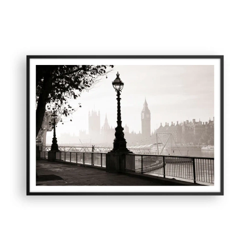 Póster en marco negro - Una vista monocromática del Big Ben y el Támesis. - 100x70cm - La mañana de Londres - Decoración de pared moderna para salón y dormitorio ARTTOR