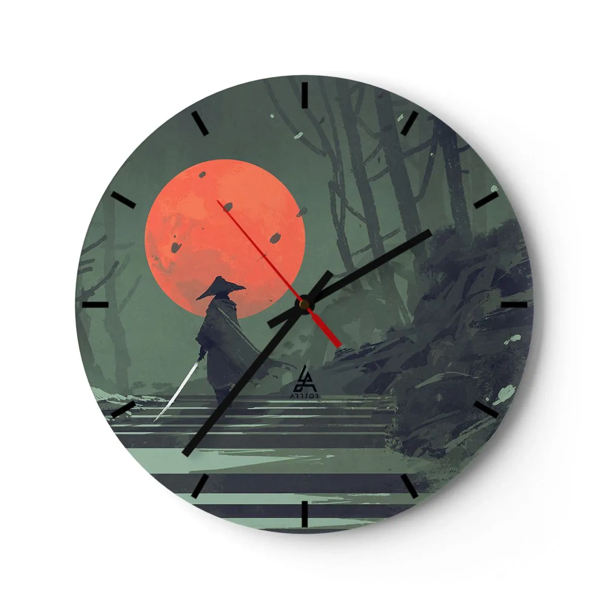 Reloj de pared - Reloj de vidrio - Un guerrero solitario en el bosque bajo una luna roja. - 30x30cm - Guerrero de la luna roja - Decoración de pared moderna para salón, cocina y dormitorio ARTTOR
