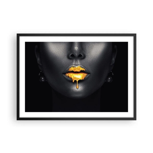 Póster en marco negro - Retrato en negro y dorado de una mujer con una gota de oro en los labios. - 70x50cm - Labios de oro - Decoración de pared moderna para salón y dormitorio ARTTOR