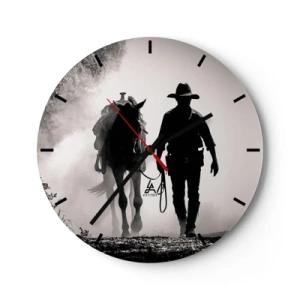 Reloj de pared - Reloj de vidrio - Un vaquero guiando a su caballo en la niebla de la mañana. - 30x30cm - La mañana de Texas - Decoración de pared moderna para salón, cocina y dormitorio ARTTOR