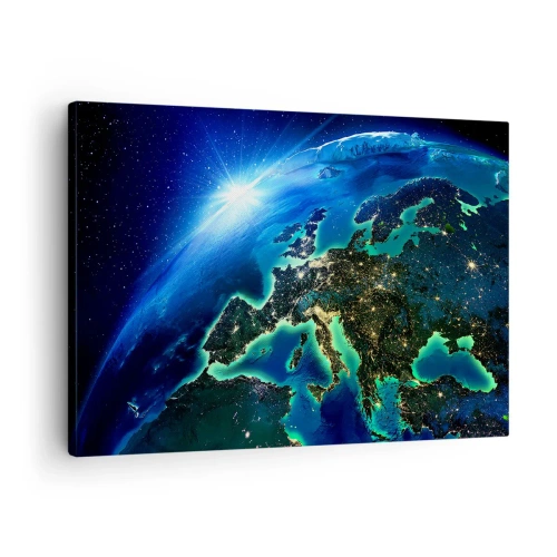 Cuadro sobre lienzo - Impresión de Imagen - Una vista de Europa desde el espacio bajo el resplandor del sol naciente. - 70x50cm - Una Europa resplandeciente - Decoración de pared moderna para salón y dormitorio ARTTOR