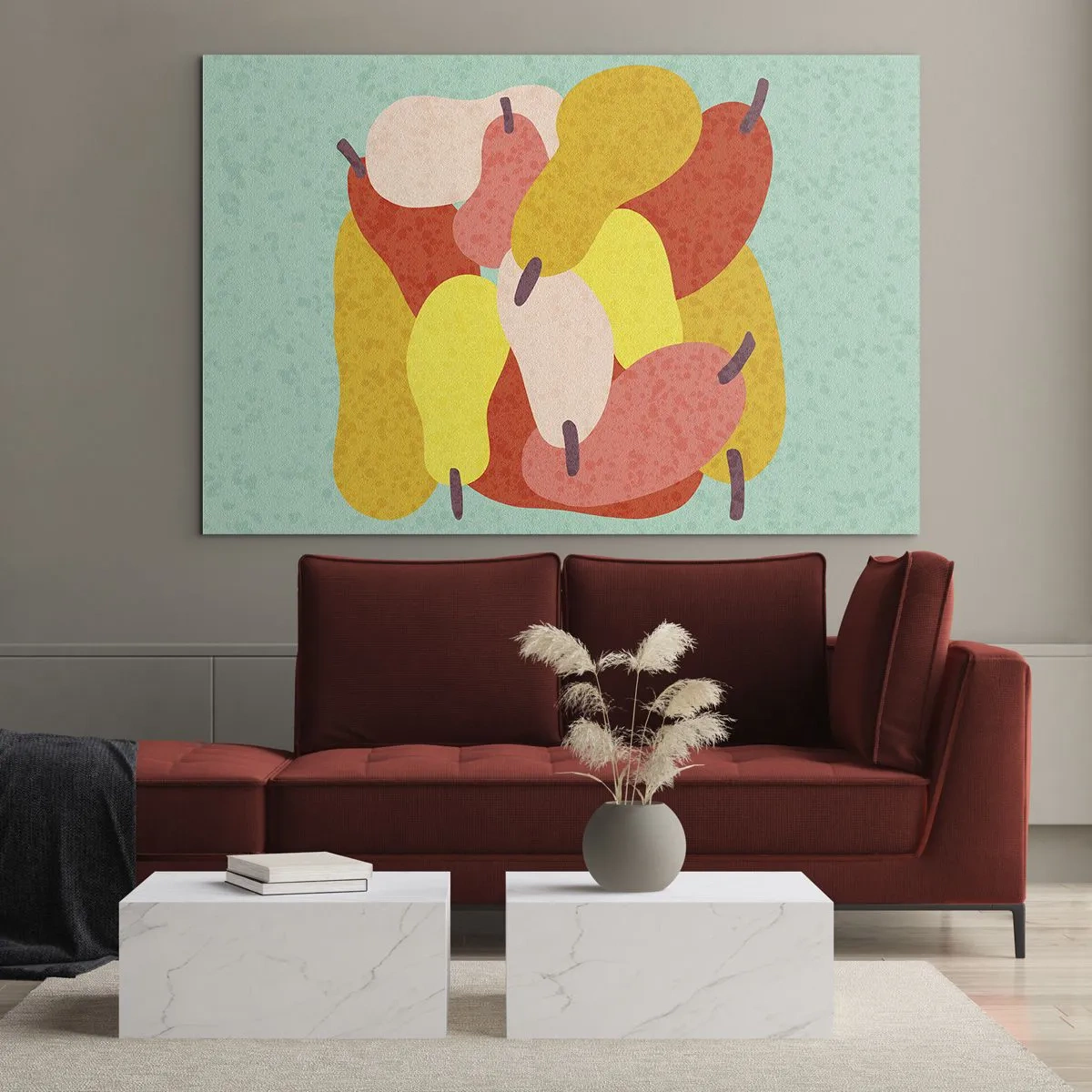 Cuadro sobre vidrio - Impresiones sobre Vidrio - Peras coloridas en un estilo gráfico sobre un fondo turquesa. - 120x80cm - Saborear el sol del verano - Decoración de pared moderna para salón y dormitorio ARTTOR