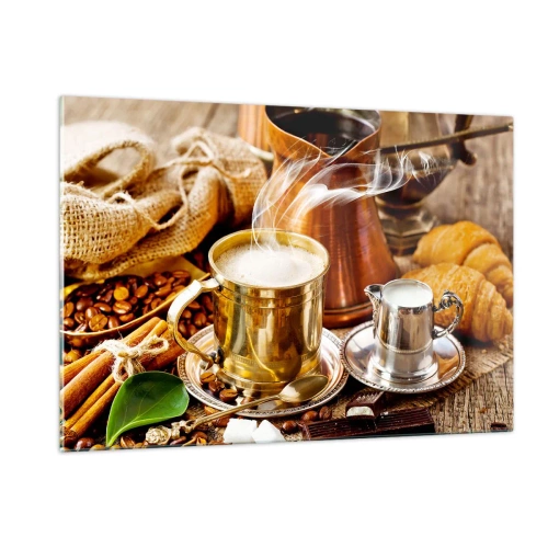 Cuadro sobre vidrio - Impresiones sobre Vidrio - Una taza dorada de café con leche rodeada de granos y croissants. - 120x80cm - Que tengas un buen día - Decoración de pared moderna para salón y dormitorio ARTTOR