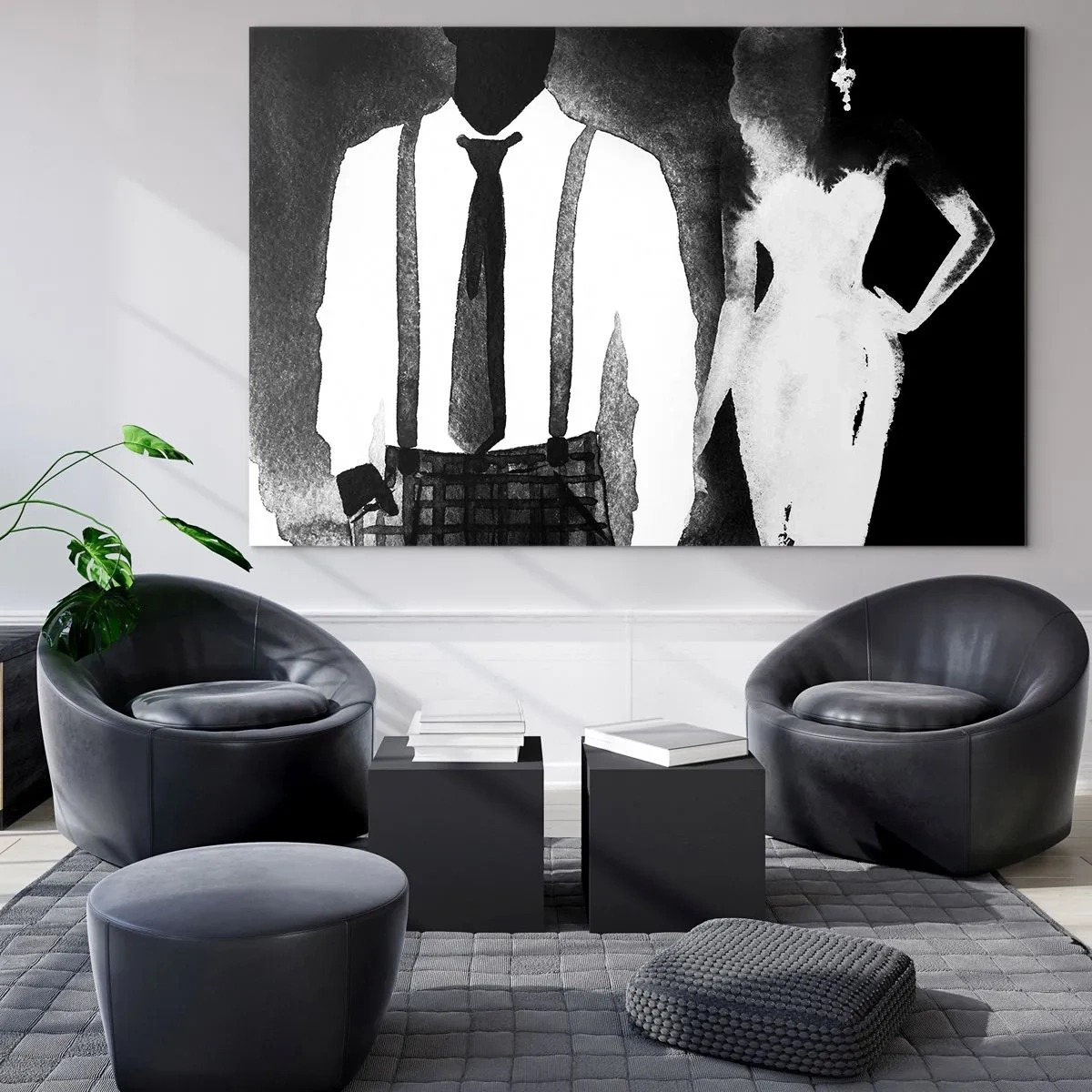 Cuadro sobre vidrio - Impresiones sobre Vidrio - Silueta en blanco y negro de una elegante pareja de cine negro. - 100x70cm - En un ambiente noir - Decoración de pared moderna para salón y dormitorio ARTTOR