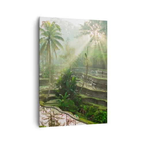Cuadro sobre lienzo - Impresión de Imagen - Terrazas de arroz con palmeras bajo los rayos del sol - 70x100cm - Crecer bajo el sol - Decoración de pared moderna para salón y dormitorio ARTTOR