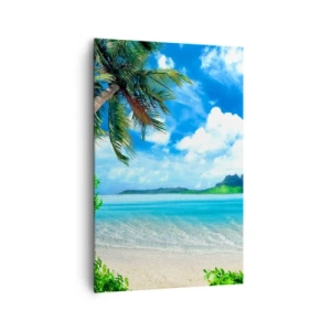 Cuadro sobre lienzo - Impresión de Imagen - Playa tropical con palmeras y vista a la isla. - 80x120cm - El azul de los trópicos - Decoración de pared moderna para salón y dormitorio ARTTOR