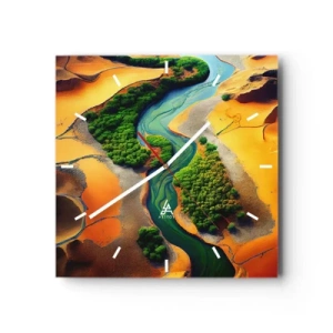 Reloj de pared - Reloj de vidrio - Un río verde rodeado de arenas doradas y vegetación. - 30x30cm - Río que da vida - Decoración de pared moderna para salón y dormitorio ARTTOR