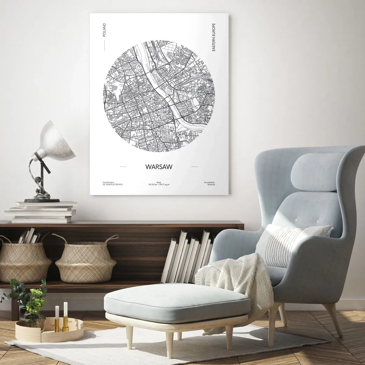 Cuadro sobre vidrio - Impresiones sobre Vidrio - Un mapa de Varsovia en estilo minimalista - 80x120cm - Anatomía de Varsovia - Decoración de pared moderna para salón y dormitorio ARTTOR