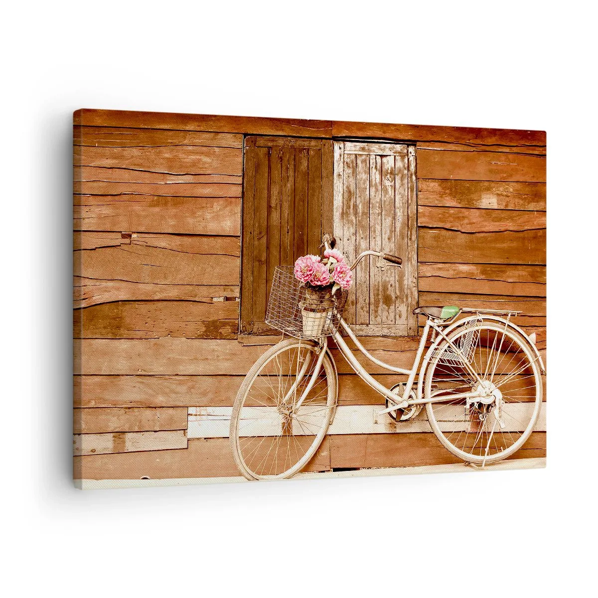 Cuadro sobre lienzo - Impresión de Imagen - Una bicicleta con una cesta llena de rosas contra una pared de madera. - 70x50cm - Ahora mismo vuelvo - Decoración de pared moderna para salón y dormitorio ARTTOR