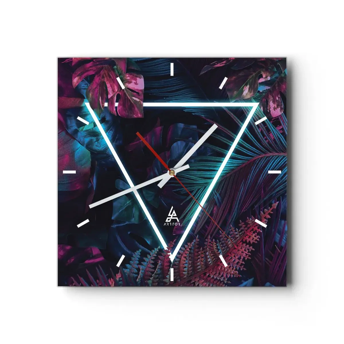 Reloj de pared - Reloj de vidrio - Un triángulo de neón rodeado de hojas tropicales en colores oscuros. - 30x30cm - Jardín fluorescente - Decoración de pared moderna para salón y dormitorio ARTTOR
