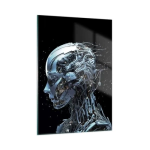 Cuadro sobre vidrio - Impresiones sobre Vidrio - Perfil de un robot femenino con cables y mecanismos. - 50x70cm - La tecnología es una mujer - Decoración de pared moderna para salón y dormitorio ARTTOR