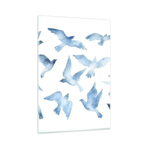 Cuadro sobre vidrio - Impresiones sobre Vidrio - Una acuarela sutil que representa pájaros voladores. - 80x120cm - Pájaros azules - Decoración de pared moderna para salón y dormitorio ARTTOR